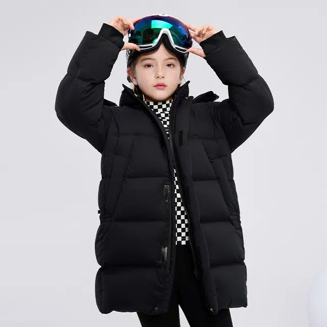 高梵 童装 黑金儿童鹅绒服纯色长款户外滑雪羽绒服 男童女童