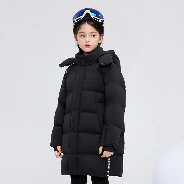 高梵 童装 黑金儿童鹅绒服纯色长款户外滑雪羽绒服 男童女童