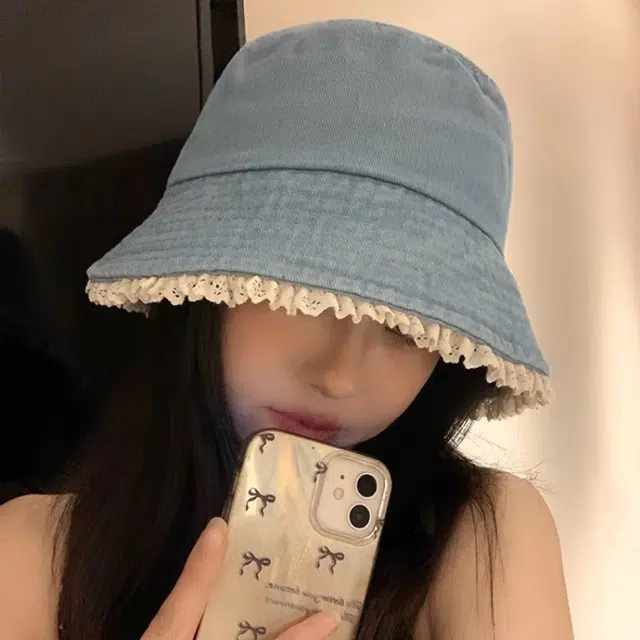 氧气樱桃 韩系可爱蕾丝边牛仔防晒盆帽遮阳学院风显脸小水桶帽 棉 渔夫帽 女款