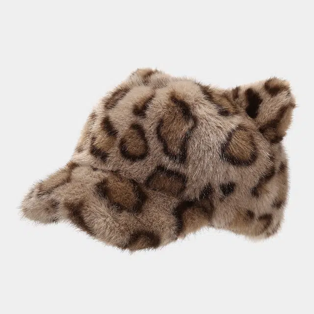 氧气樱桃 毛茸茸豹纹可爱小狐狸耳朵保暖仿貂毛防寒 人造革 鸭舌帽 男女同款情侣款