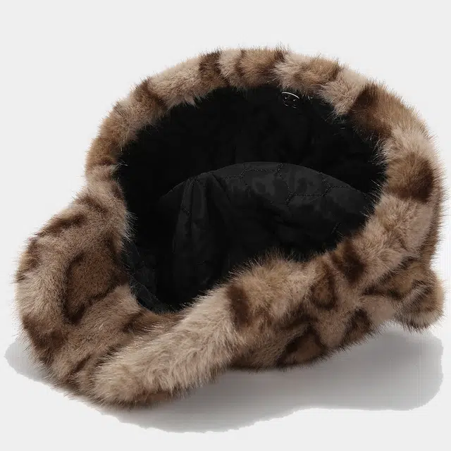 氧气樱桃 毛茸茸豹纹可爱小狐狸耳朵保暖仿貂毛防寒 人造革 鸭舌帽 男女同款情侣款