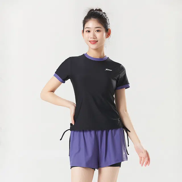 特步 泳装女士游泳运动保守短袖短裤两件套专业训练遮肚显瘦速干透气大码分体泳衣 女款