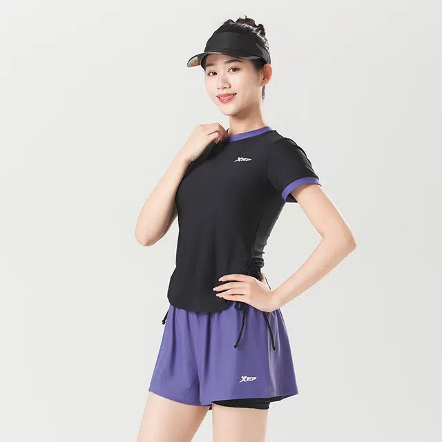 特步 泳装女士游泳运动保守短袖短裤两件套专业训练遮肚显瘦速干透气大码分体泳衣 女款