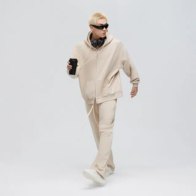 无畏东方 老钱简约百搭休闲纯色健身运动连帽开衫拉链卫衣 男女同款 米亚麻