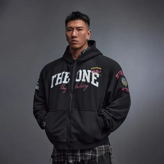 无畏东方 宽松舒适百搭徽章插肩连帽拉链长袖卫衣 男女同款