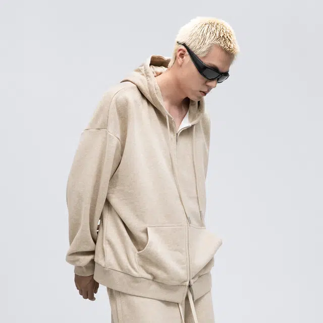 无畏东方 老钱简约百搭休闲纯色健身运动连帽开衫拉链卫衣 男女同款 米亚麻