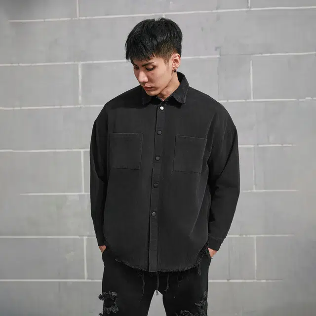 无畏东方 破损流苏美式宽松衬休闲长袖衬衫 男女同款 黑色