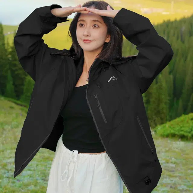 赛琪 美式复古纯色基础款机能风透气城市户外登山徒步露营穿搭工装防风防水宽松运动休闲连帽拉链长袖夹克外套 男女同款