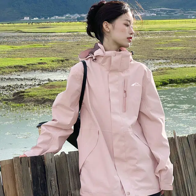 赛琪 纯色机能风三合一抓绒可拆卸内胆连帽户外运动登山徒步 防风防水透气保暖防寒夹克绒感外套 女款