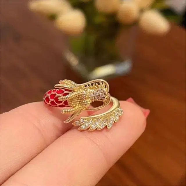 聆听花开 金色龙戒 生肖龙本命年红色开口可调节小众设计轻奢高级感国风个性气质时尚新款潮流高颜值贵气 铜 戒指 男女同款情侣款