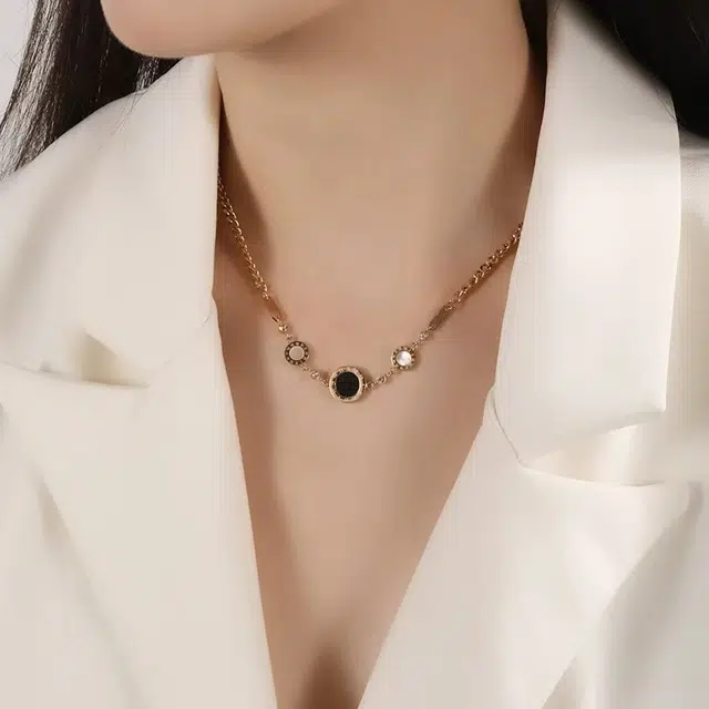 聆听花开 罗马圆牌吊坠锁骨链 欧美复古拼接链经典时尚百搭小众高级感 钛钢 项链 女款