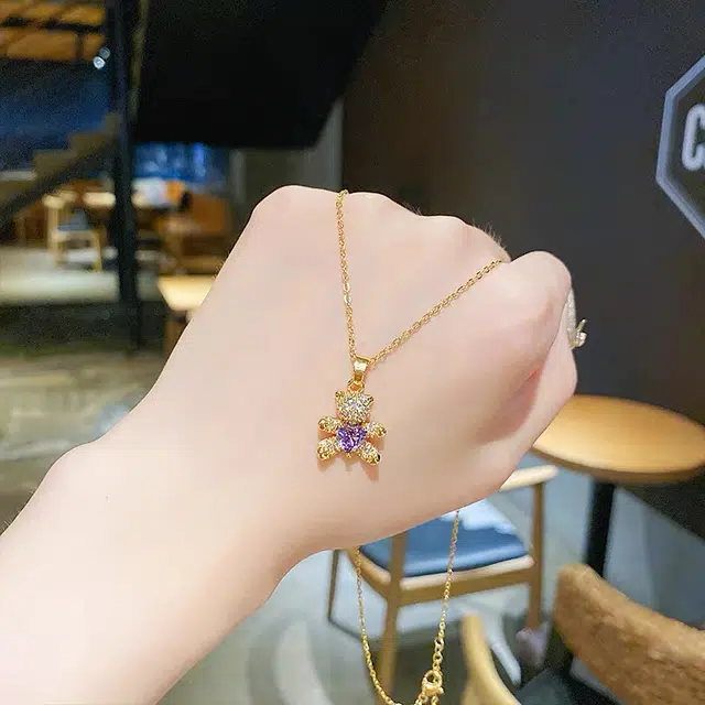 聆听花开 轻奢精致满锆紫色小熊锁骨链 小众设计高级感高颜值夏季小清新森系甜妹 时尚气质个性百搭仙女夏季颈链 合金 项链 女款