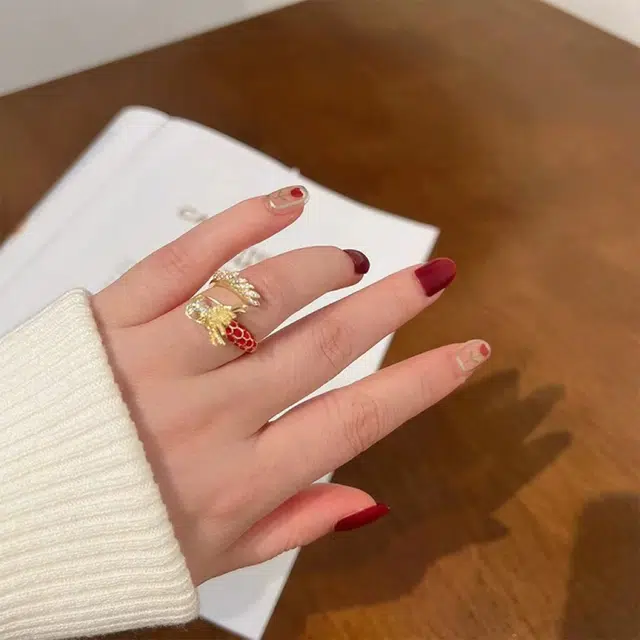 聆听花开 金色龙戒 生肖龙本命年红色开口可调节小众设计轻奢高级感国风个性气质时尚新款潮流高颜值贵气 铜 戒指 男女同款情侣款