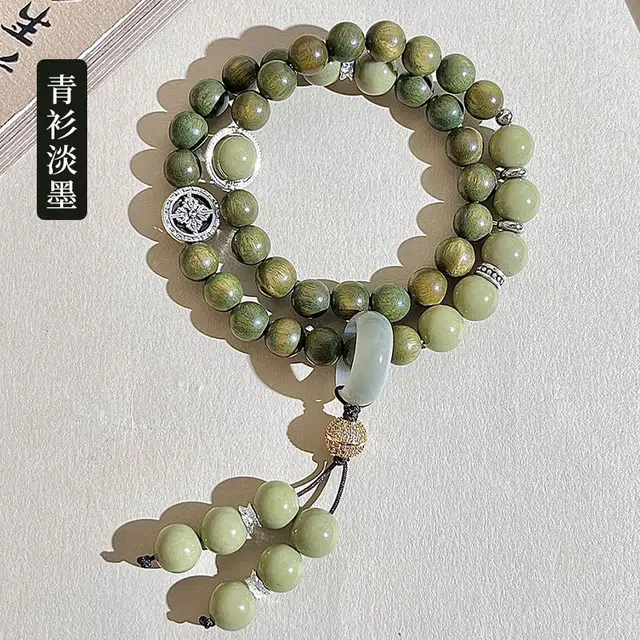 聆听花开 复古新中式优雅个性文艺风小众佛珠双圈念珠手持文玩盘玩国风好运招财纳福民族风手饰 青衫淡墨 绿檀 木作手串 男女同款情侣款