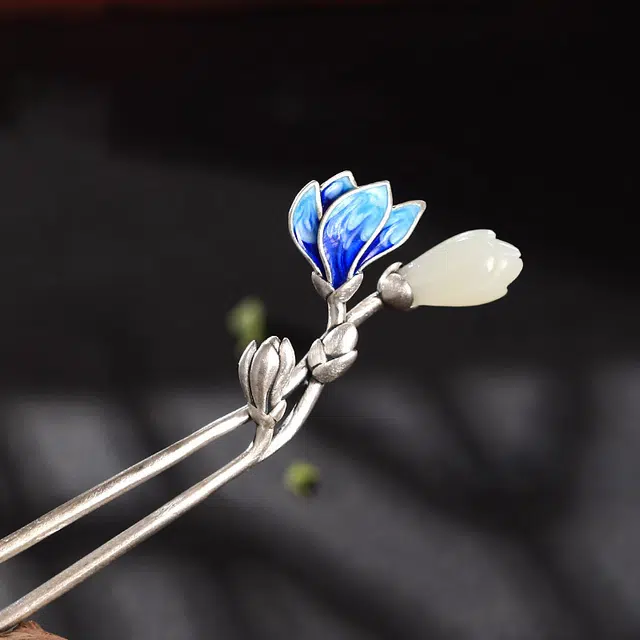 聆听花开 古风幸运花 景泰蓝玉兰花双层发饰汉服配饰 合金 发簪 男女同款情侣款