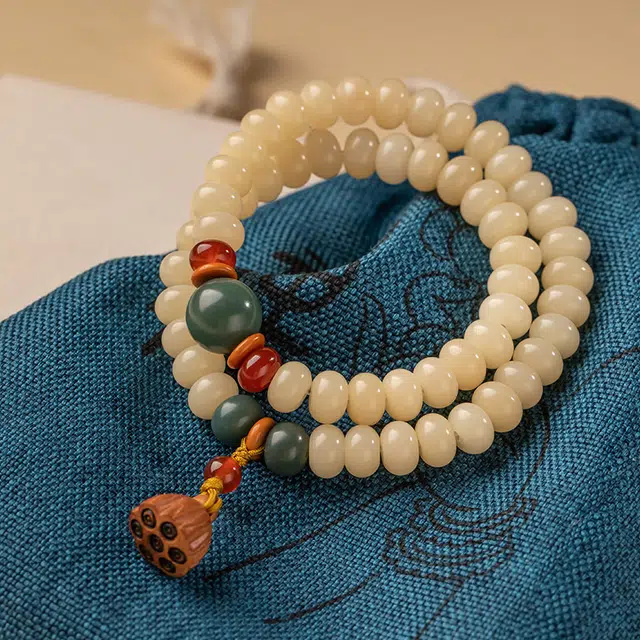 聆听花开 手持佛珠文玩中式国风复古文艺高级感盘玩念珠个性简约奶油黄轻奢国潮好运连连 菩提根 蓬菩提手串 男女同款情侣款