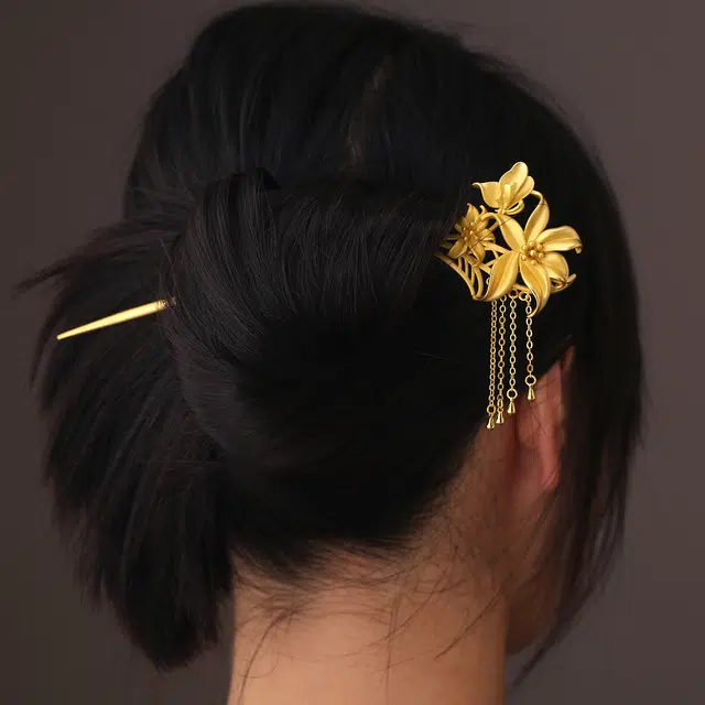 聆听花开 百合花新中式复古高级感小众个性简约国风典雅磨砂古风汉服旗袍盘发精致优雅气质流苏 合金 发簪 女款