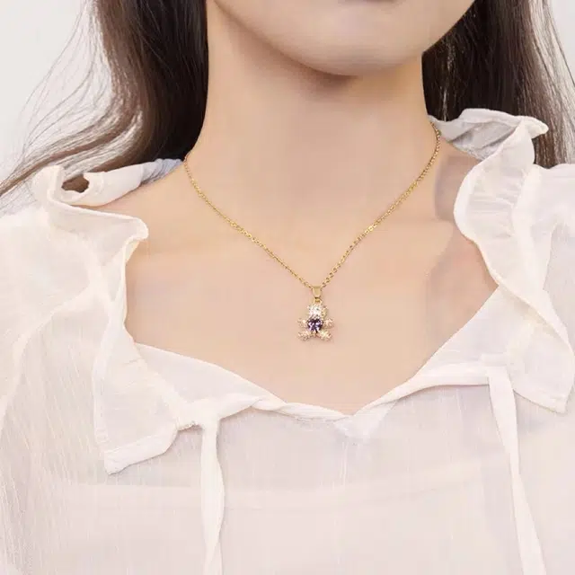 聆听花开 轻奢精致满锆紫色小熊锁骨链 小众设计高级感高颜值夏季小清新森系甜妹 时尚气质个性百搭仙女夏季颈链 合金 项链 女款