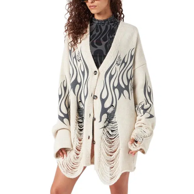 Vision of Super White Cardigan With Black Tribal Flames V