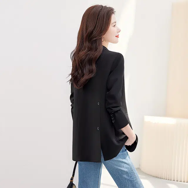丝柏舍 后背开叉设计气质西服外套修身通勤休闲双排扣纯色长袖西装 女款 黑色