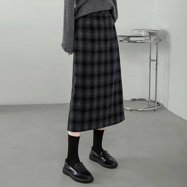 丝柏舍 高腰格子半身裙复古修身开叉休闲长裙 女款 黑灰蓝格