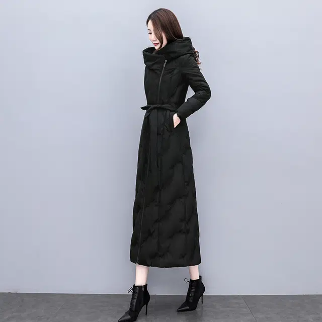 丝柏舍 长款过膝保暖收腰气质纯色简约长袖连帽棉服 女款 黑色