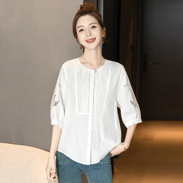 丝柏舍 刺绣镂空纯色单排扣圆领宽松气质五分袖衬衫 女款 白色