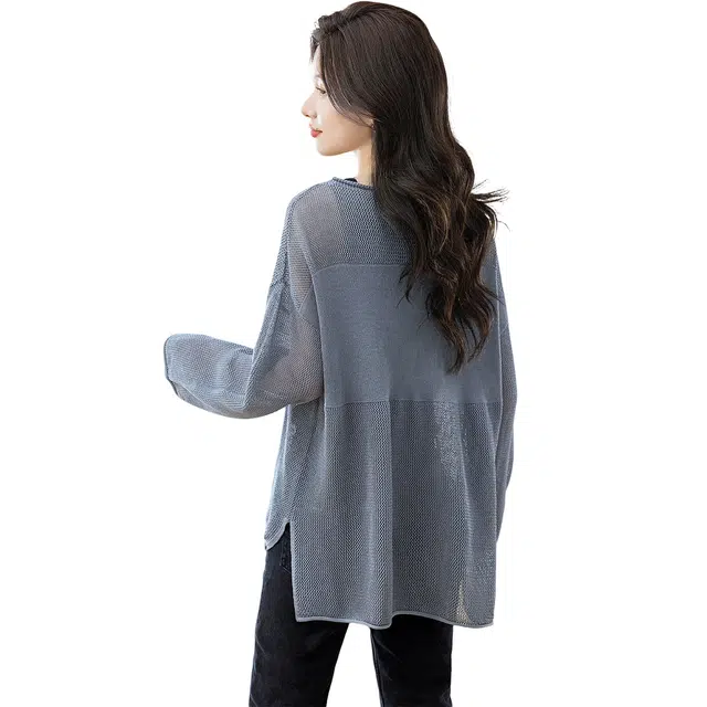 丝柏舍 镂空纯色圆领开叉慵懒风宽松款简约罩衫落肩长袖针织衫 女款