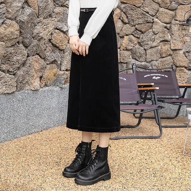 丝柏舍 纯色简约高腰开叉复古气质休闲长裙 女款 黑色