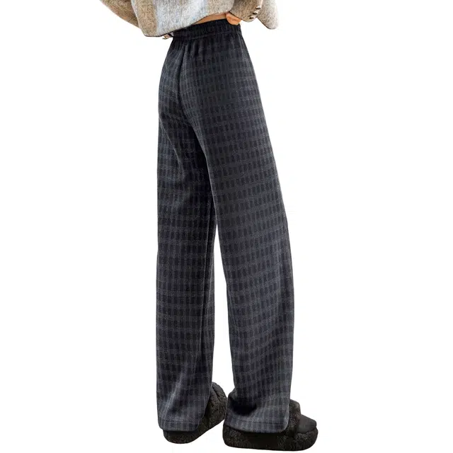 丝柏舍 拼色格纹抽绳松紧高腰长款阔腿复古宽松款休闲裤 女款