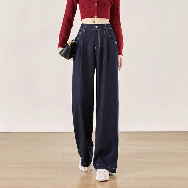 她池 通勤简约宽松款纯色高腰垂感长款阔腿休闲裤 女款