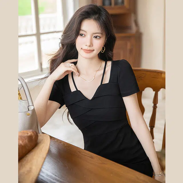 丝柏舍 气质纯色收腰中长款短袖连衣裙 女款 黑色