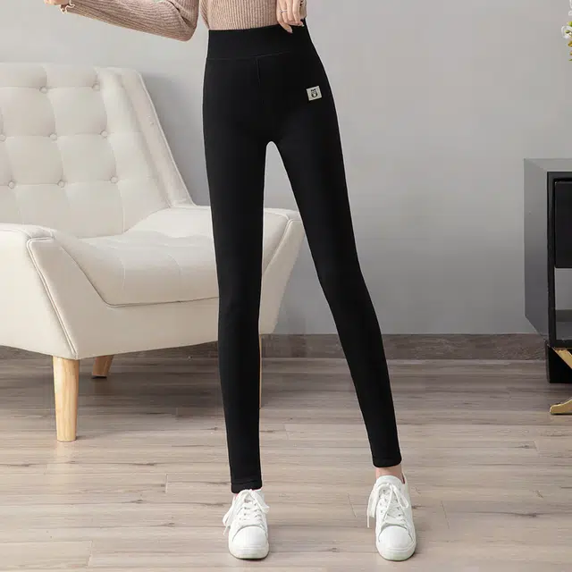 丝柏舍 卡通图案加绒松紧高腰九分裤修身显瘦简约打底裤 女款 黑色