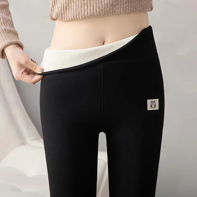 丝柏舍 卡通图案加绒松紧高腰九分裤修身显瘦简约打底裤 女款 黑色
