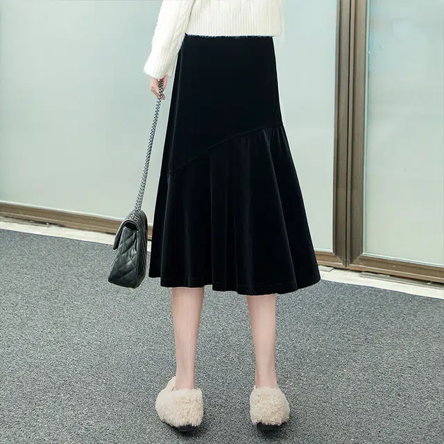 丝柏舍 复古丝绒纯色半身裙高腰显瘦拼接中长款休闲长裙 女款 黑色