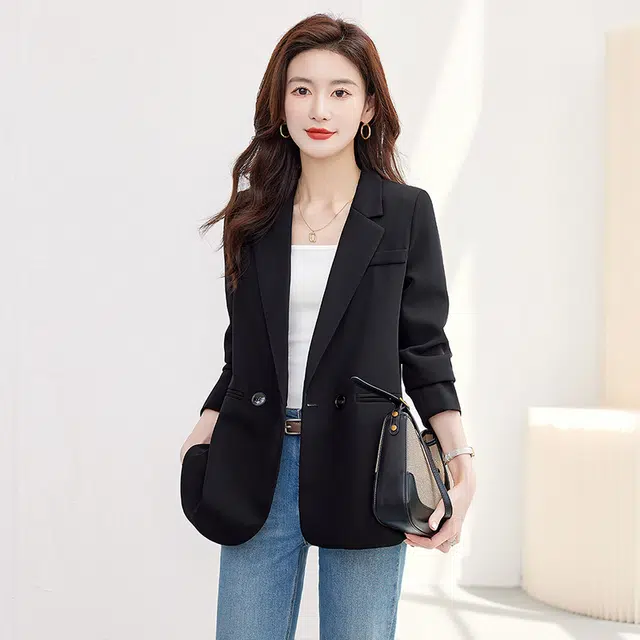 丝柏舍 后背开叉设计气质西服外套修身通勤休闲双排扣纯色长袖西装 女款 黑色