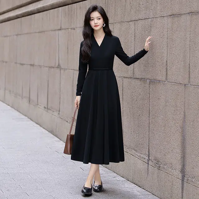 丝柏舍 收腰系带气质纯色中长款修身简约长袖连衣裙 女款 黑色