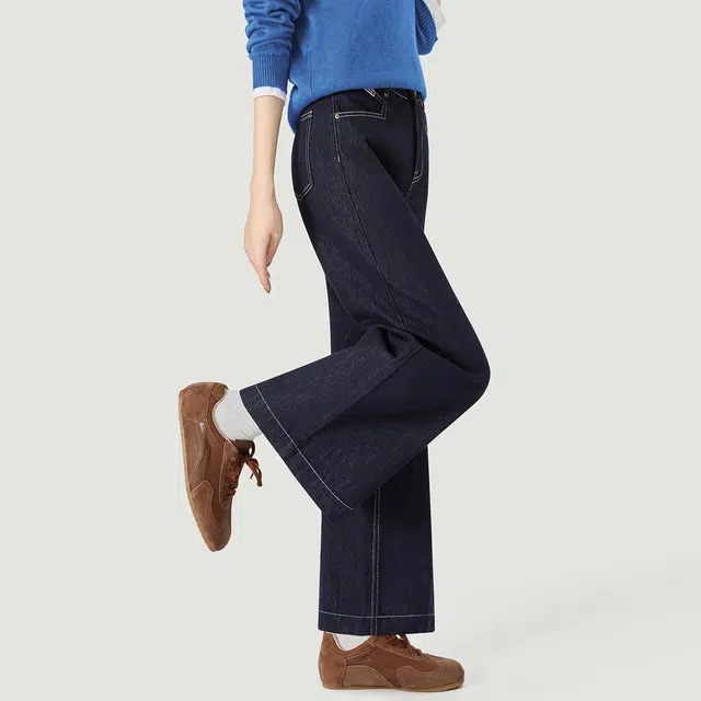她池 简约通勤风水洗高腰纯色长款阔腿牛仔裤 女款