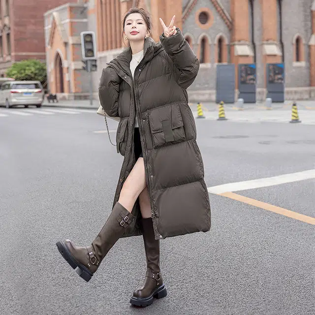 丝柏舍 纯色百搭长款连帽简约休闲羽绒服 女款 灰咖色