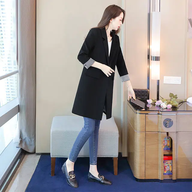 丝柏舍 中长款修身纯色外套气质显瘦一粒扣西装 女款 黑色