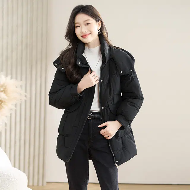 丝柏舍 连帽宽松中长款休闲保暖简约小个子纯色长袖棉服 女款 黑色
