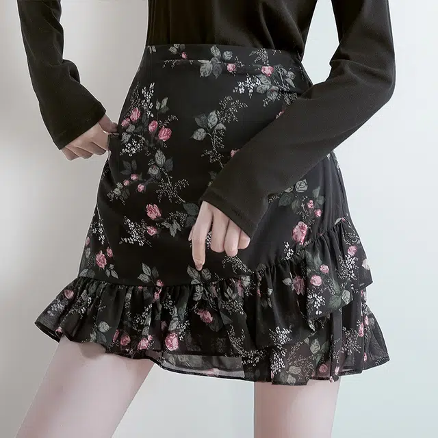 丝柏舍 高腰荷叶边拼接包臀气质复古撞色图案休闲短裙 女款 黑色粉花