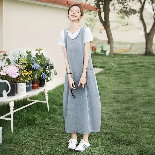 丝柏舍 叠穿休闲圆领设计感水洗牛仔背带无袖连衣裙 女款 浅灰蓝