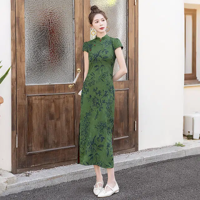 丝柏舍 新中式气质短袖立领中长款开叉复古优雅修身旗袍 女款