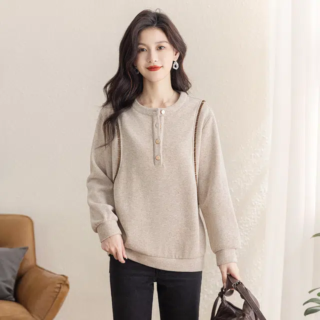 丝柏舍 圆领拼色纽扣设计套头休闲宽松款落肩长袖简约通勤卫衣 女款