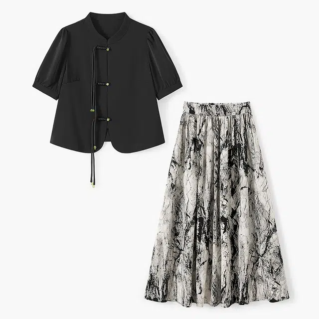 她池 立领短袖衬衫中长半身裙两件套新中式国风裙装套装 女款