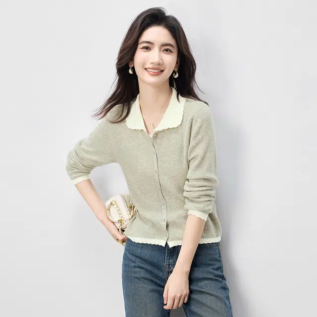丝柏舍 花边翻领拼色单排扣开衫针织衫 女 灰杏色
