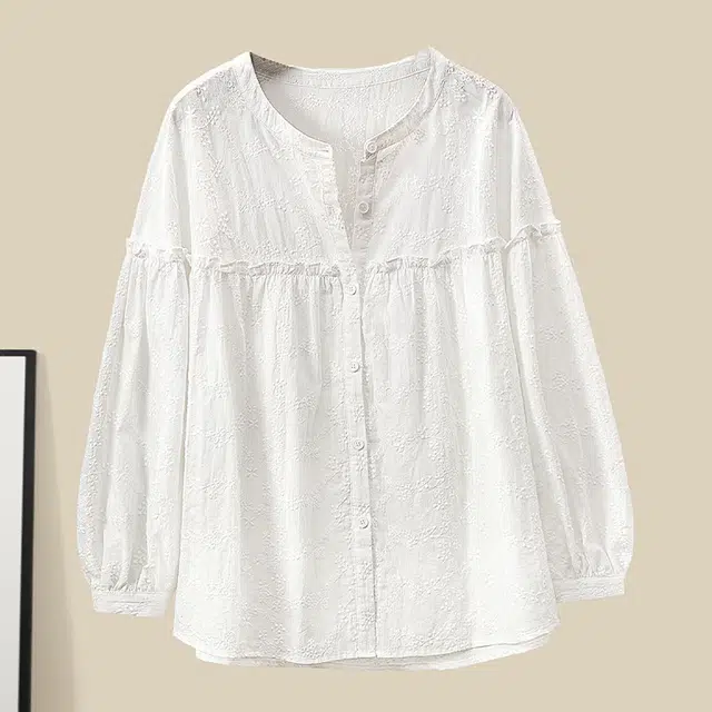 她池 法式优雅木耳边宽松灯笼袖长袖衬衫 女款 白色