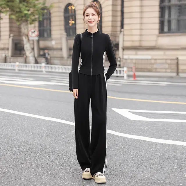 丝柏舍 修身短款立领长袖上衣搭长款高腰阔腿裤撞色条纹运动两件套休闲套装 女款 黑色