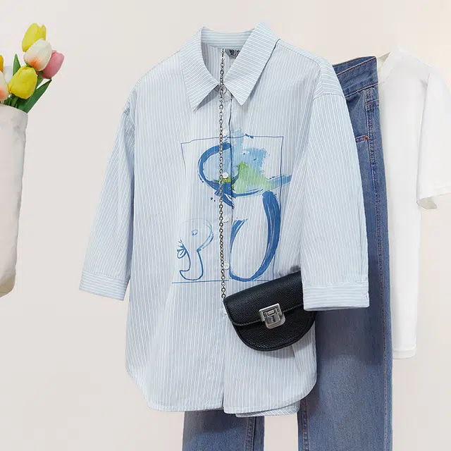 她池 潮流印花简约舒适百搭七分袖衬衫 女款 蓝色条纹